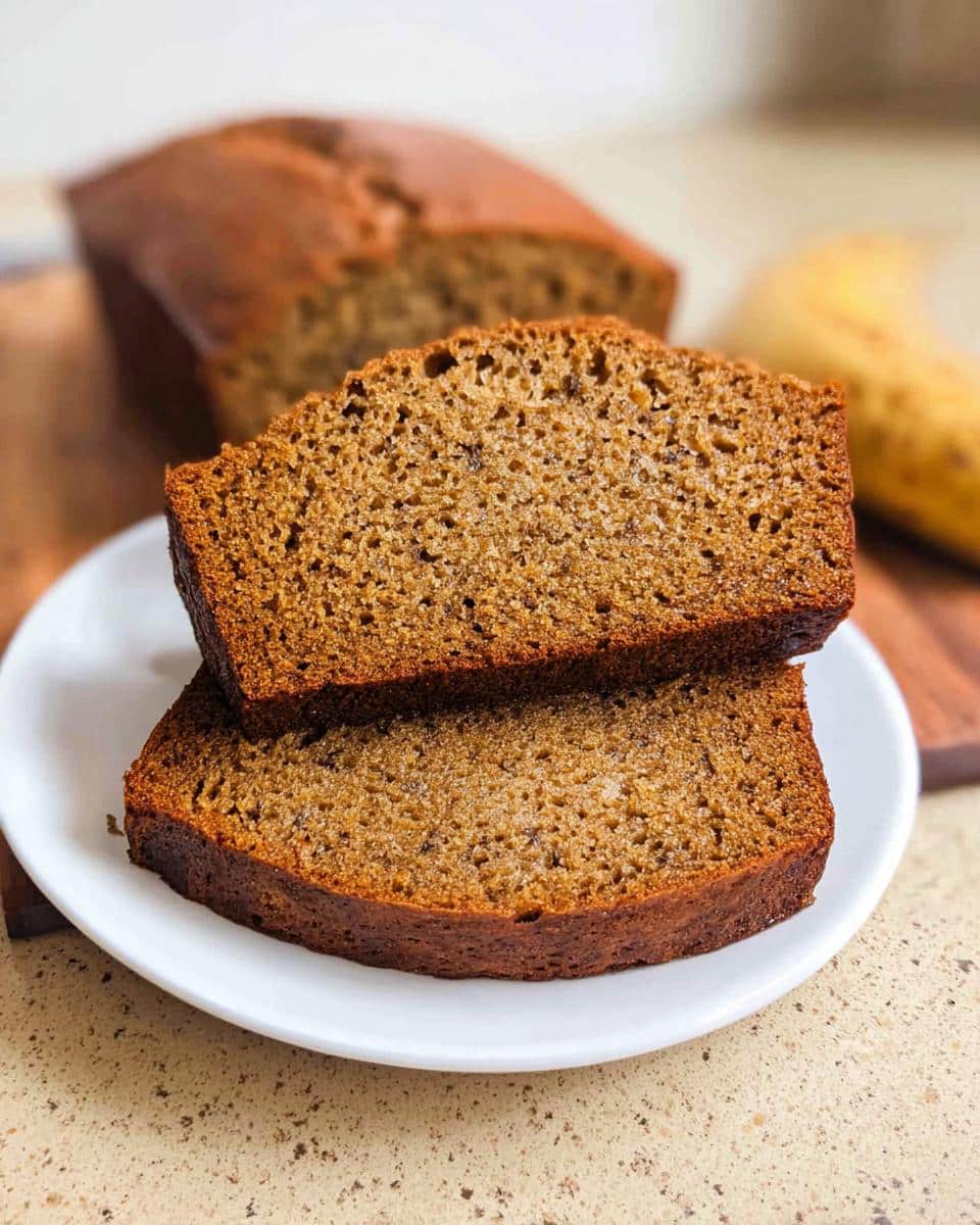 Two thick slices of moist Banana Bread Espresso stacked on a white plate, with the loaf and a banana blurred in the background.