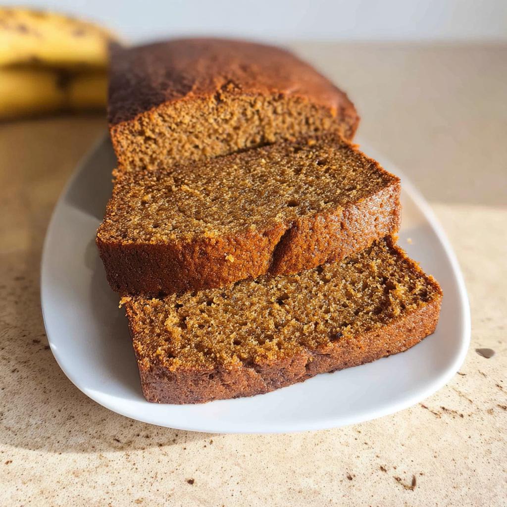 Close-up of two thick slices of rich brown Banana Bread Espresso on a white plate.
