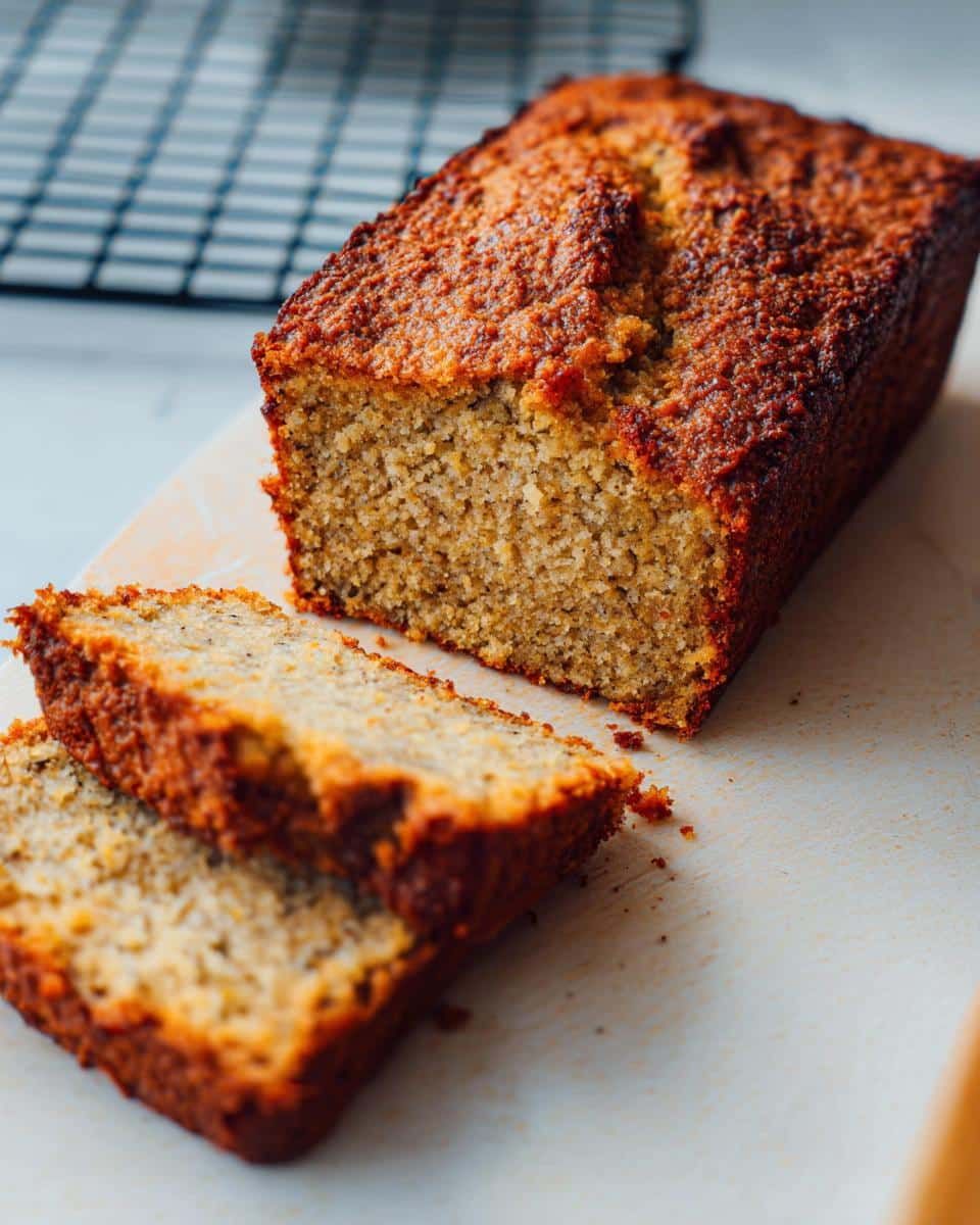 A freshly baked loaf of Banana Bread Gluten-Free Almond Flour, partially sliced on a light cutting board.