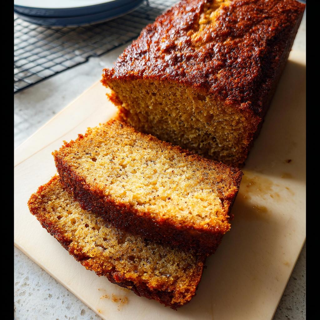 Close-up of a moist loaf of Banana Bread Gluten-Free Almond Flour, with two thick slices cut and resting in front.