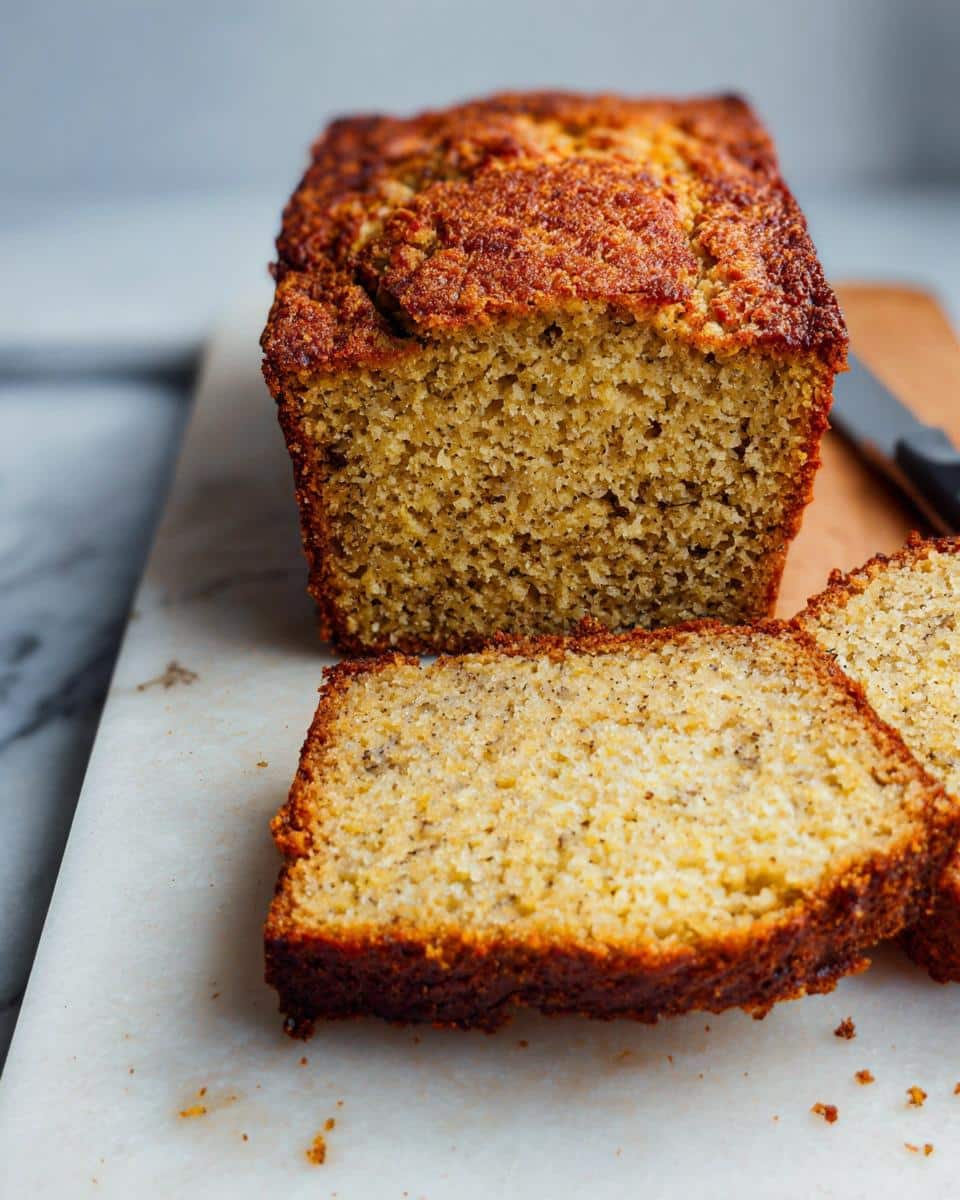 A loaf of moist Banana Bread Gluten-Free Almond Flour with two slices cut, resting on a white marble board.