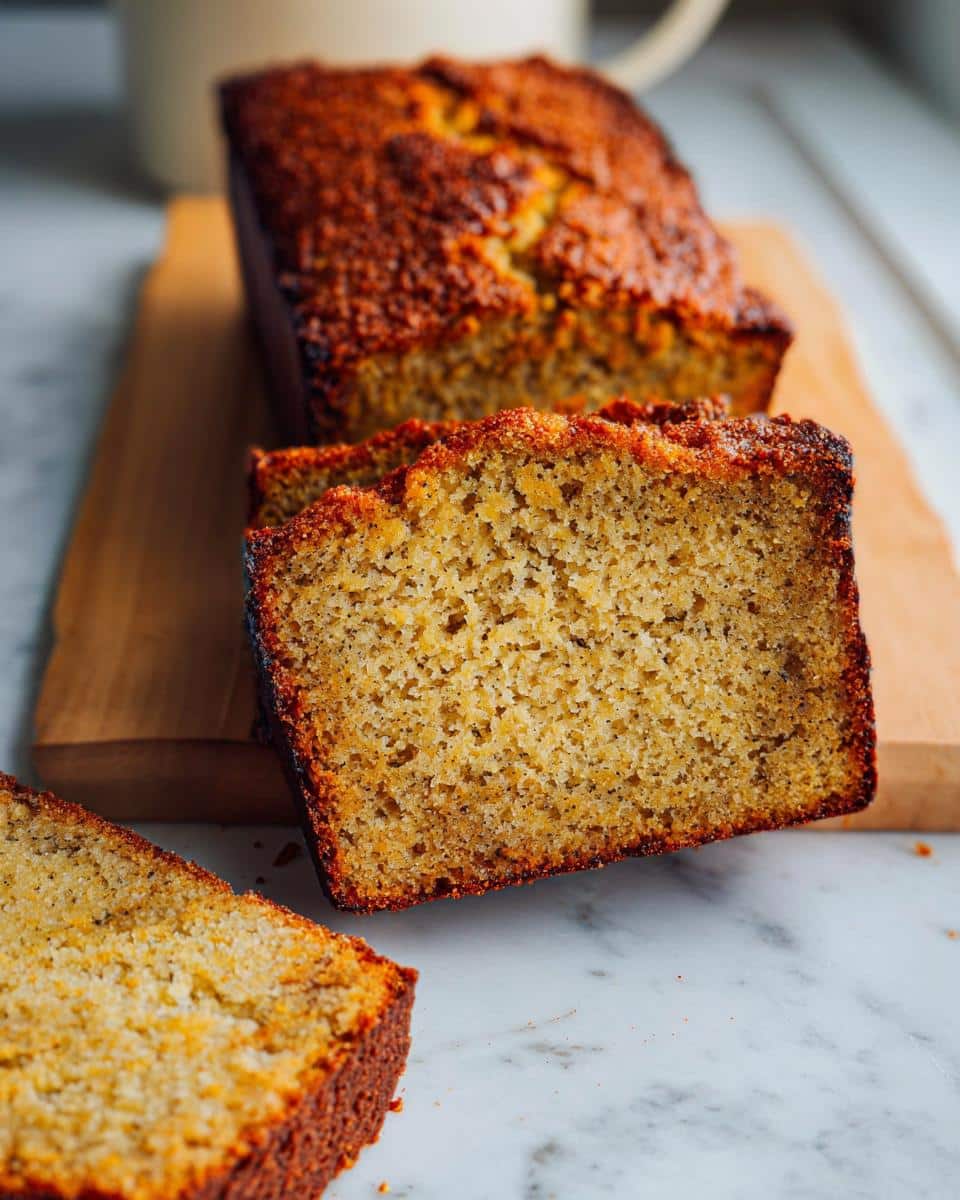 Close-up of sliced Banana Bread Gluten-Free Almond Flour showing moist, golden interior and dark crust.