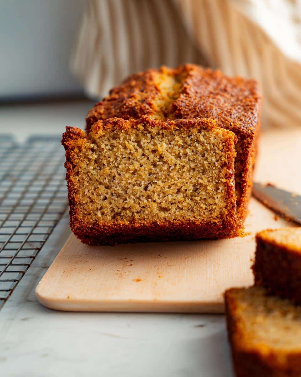 Close-up of a moist loaf of Banana Bread Gluten-Free Almond Flour with one slice cut, showing the dense crumb texture.