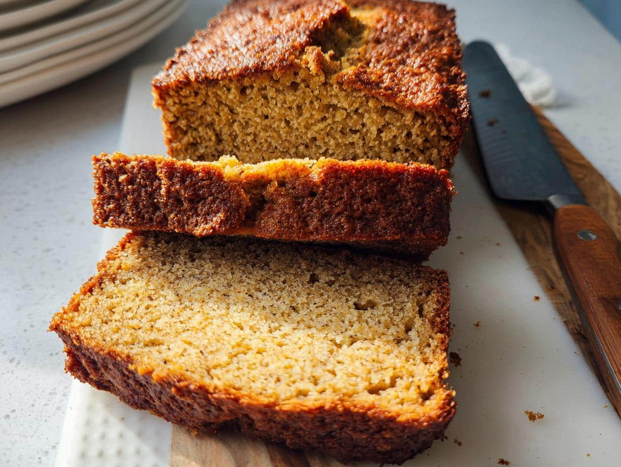Close-up of a sliced Banana Bread Gluten-Free Almond Flour loaf with a dark crust and moist interior.