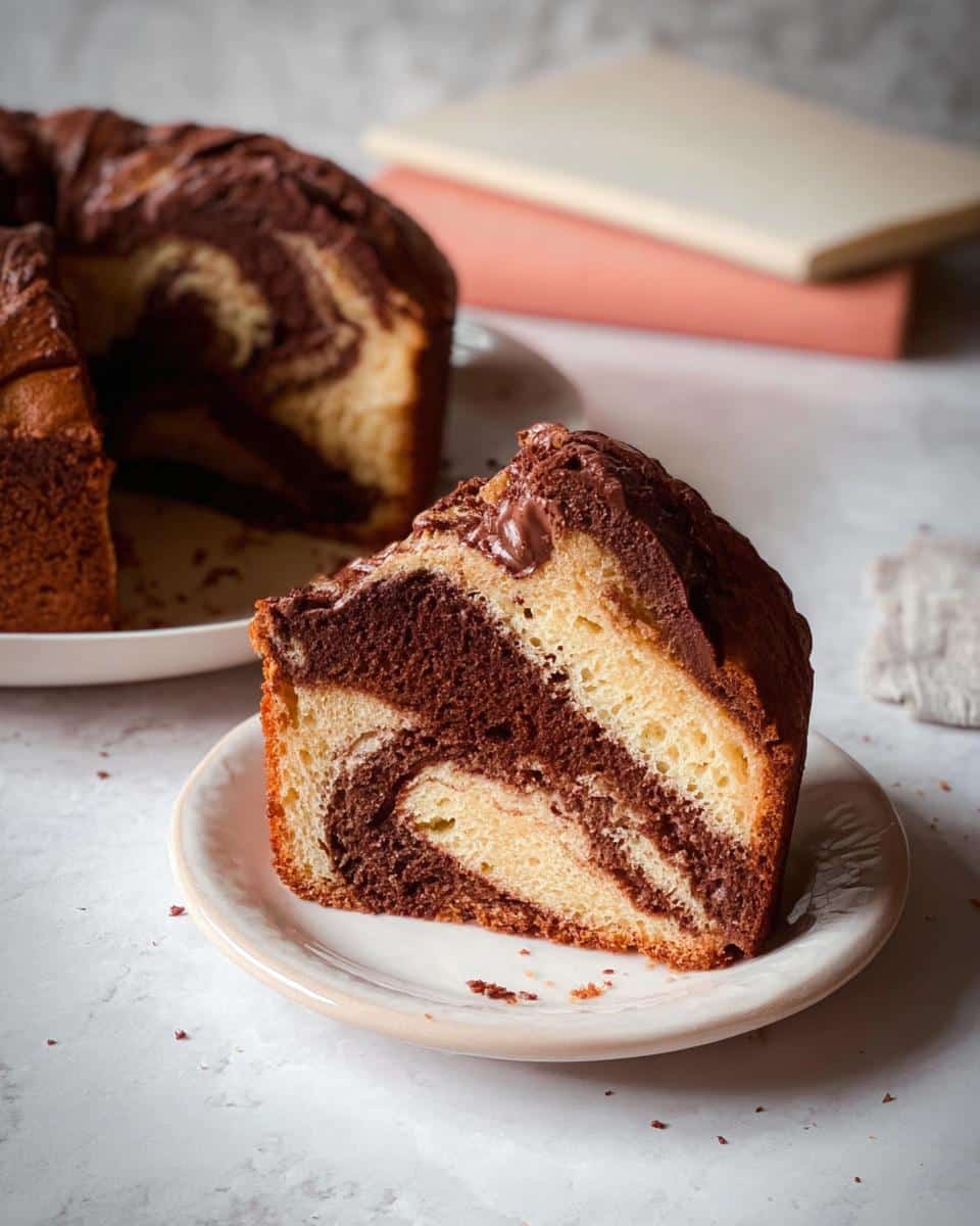 A slice of Banana Bread Marbré Vanille–Chocolat showing beautiful vanilla and chocolate swirls on a small plate.