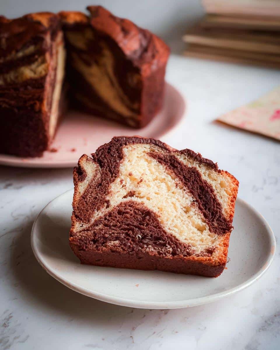 A close-up slice of Banana Bread Marbré Vanille–Chocolat showing vanilla and chocolate swirls on a small white plate.