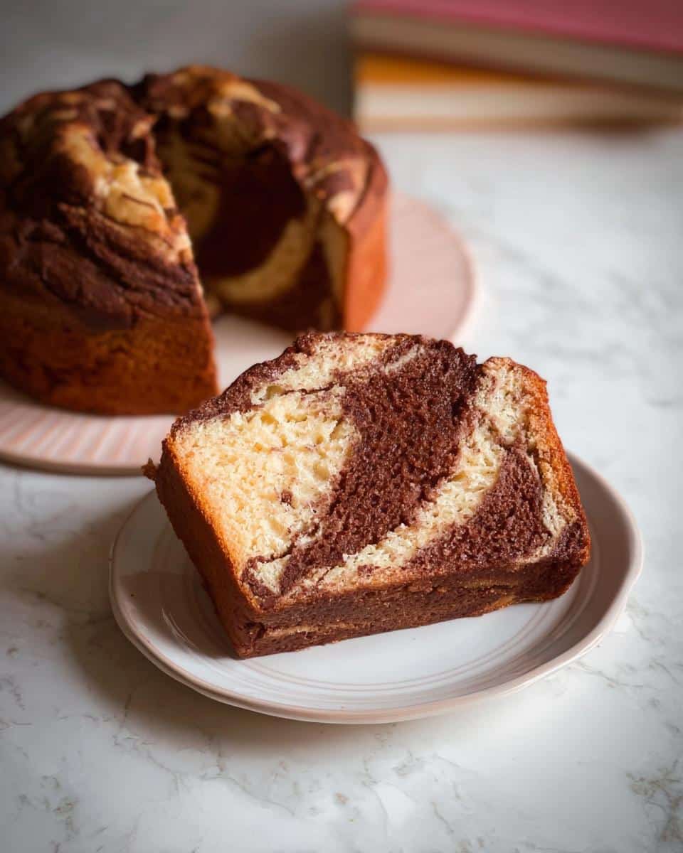 A thick slice of Banana Bread Marbré Vanille–Chocolat showing vanilla and chocolate swirls on a small plate.