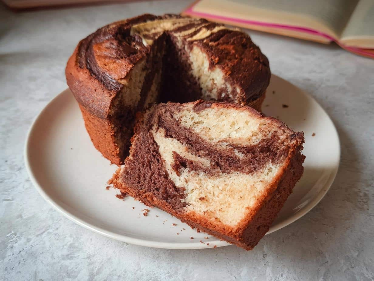 A slice of moist Banana Bread Marbré Vanille–Chocolat with distinct vanilla and chocolate swirls, served on a white plate.