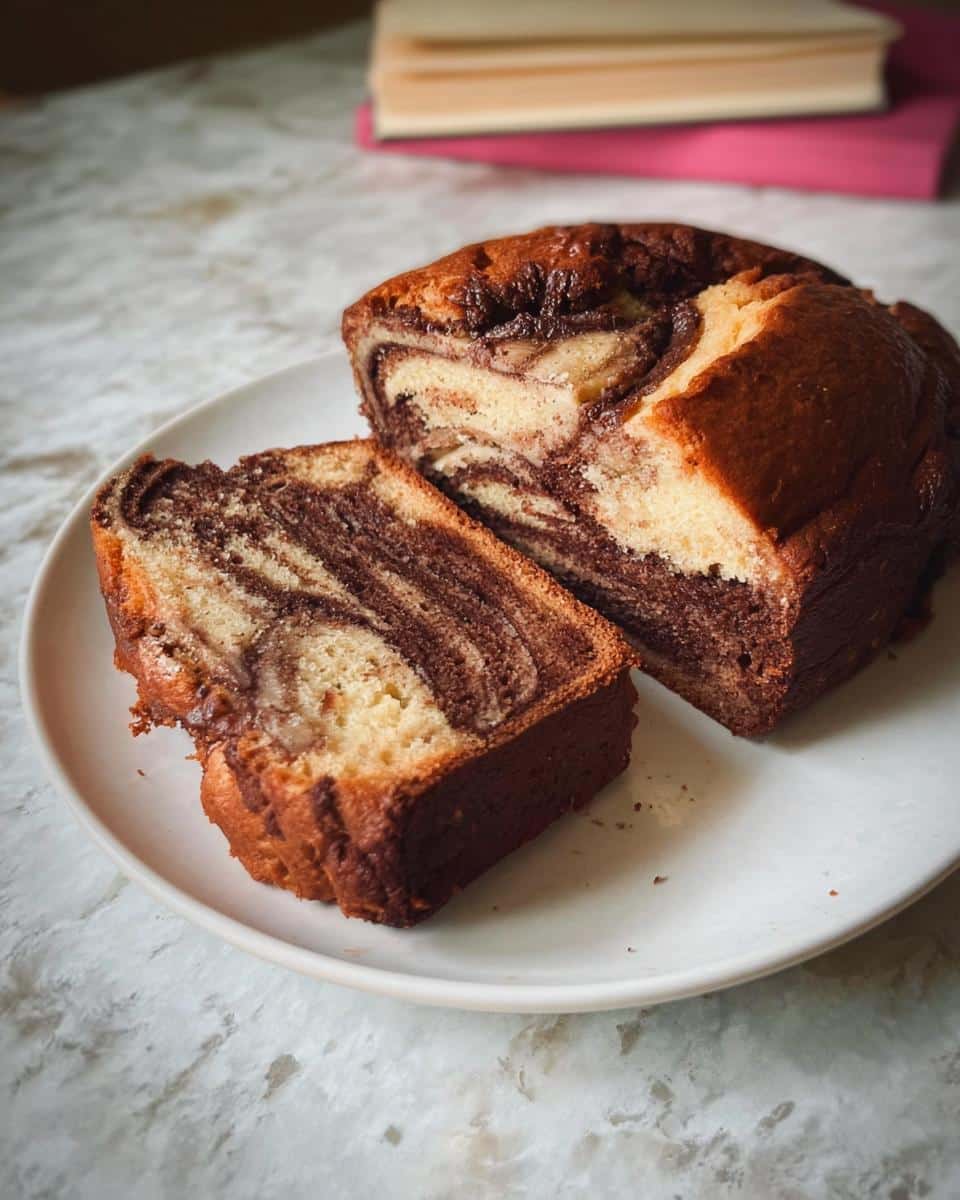 Two slices of Banana Bread Marbré Vanille–Chocolat showing beautiful vanilla and chocolate swirls on a white plate.