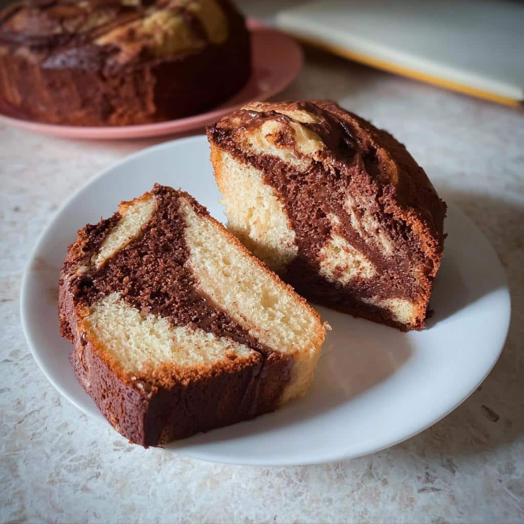 Two slices of Banana Bread Marbré Vanille–Chocolat showing the vanilla and chocolate swirl pattern on a white plate.