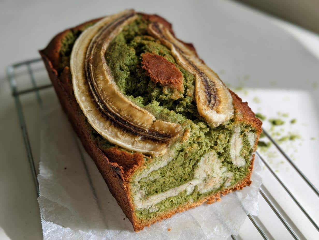 A freshly baked loaf of Banana Bread Matcha with swirled green and white batter, topped with a caramelized banana half, resting on parchment paper.
