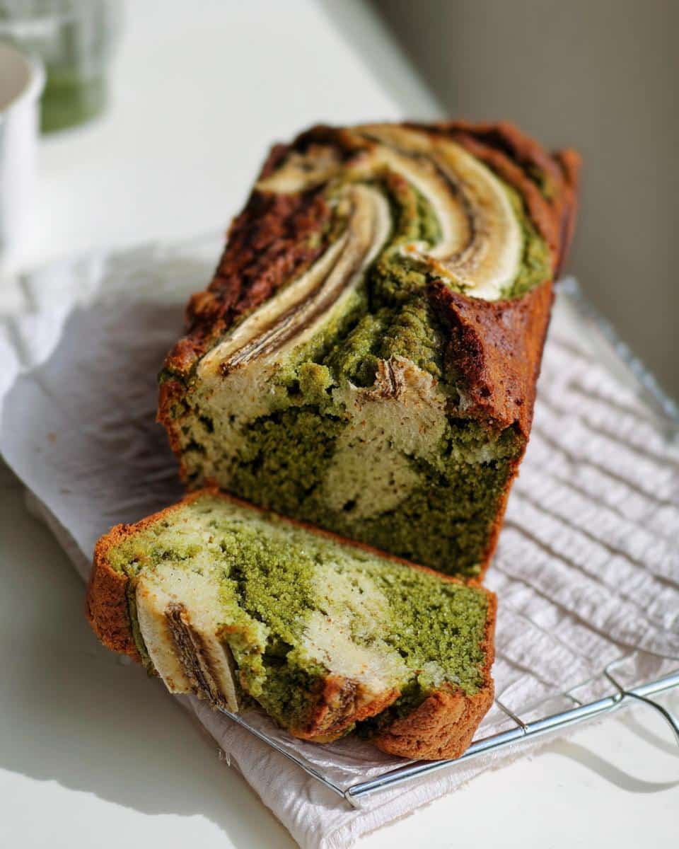 A marbled Banana Bread Matcha loaf, partially sliced, showing vibrant green matcha swirls and a baked banana slice on top.