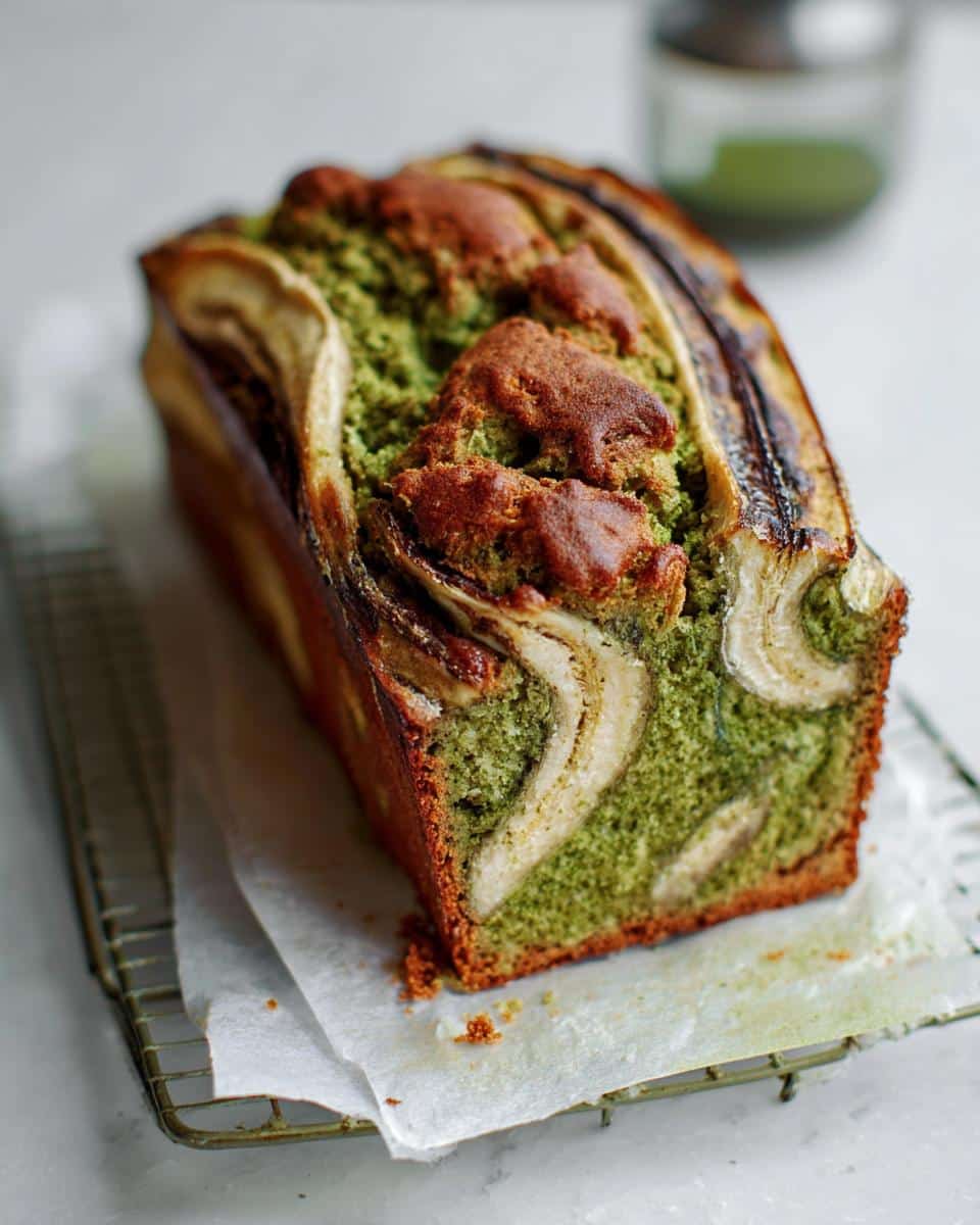 A vibrant, marbled loaf of Banana Bread Matcha cooling on a wire rack, showing green matcha swirls and banana pieces.