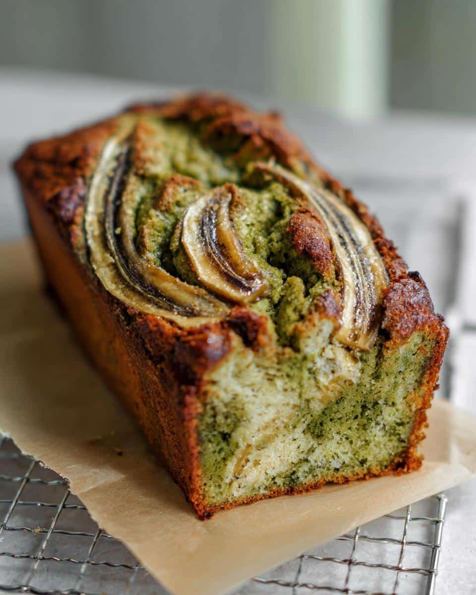A freshly baked loaf of Banana Bread Matcha, featuring a green crumb and caramelized banana slices on top.