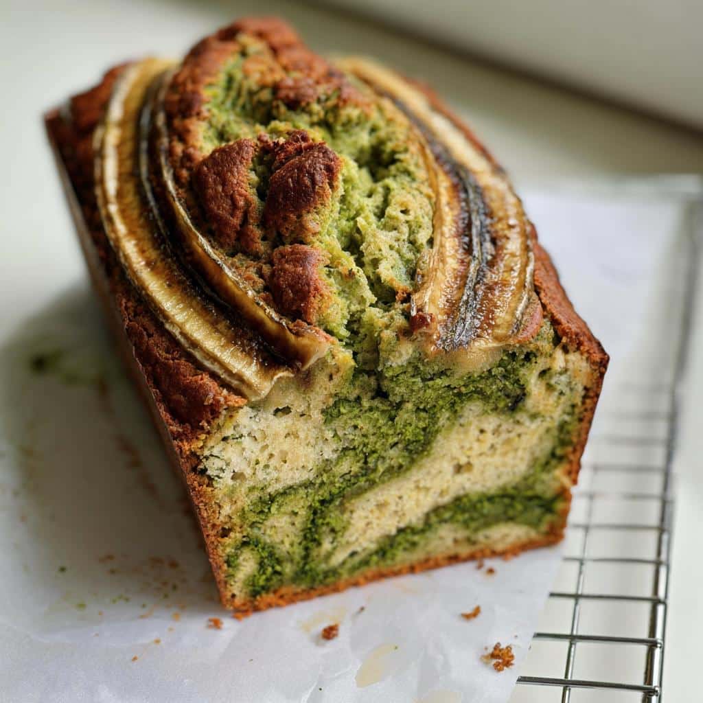 Close-up of a freshly baked Banana Bread Matcha loaf showing a beautiful green swirl pattern and sliced banana topping.