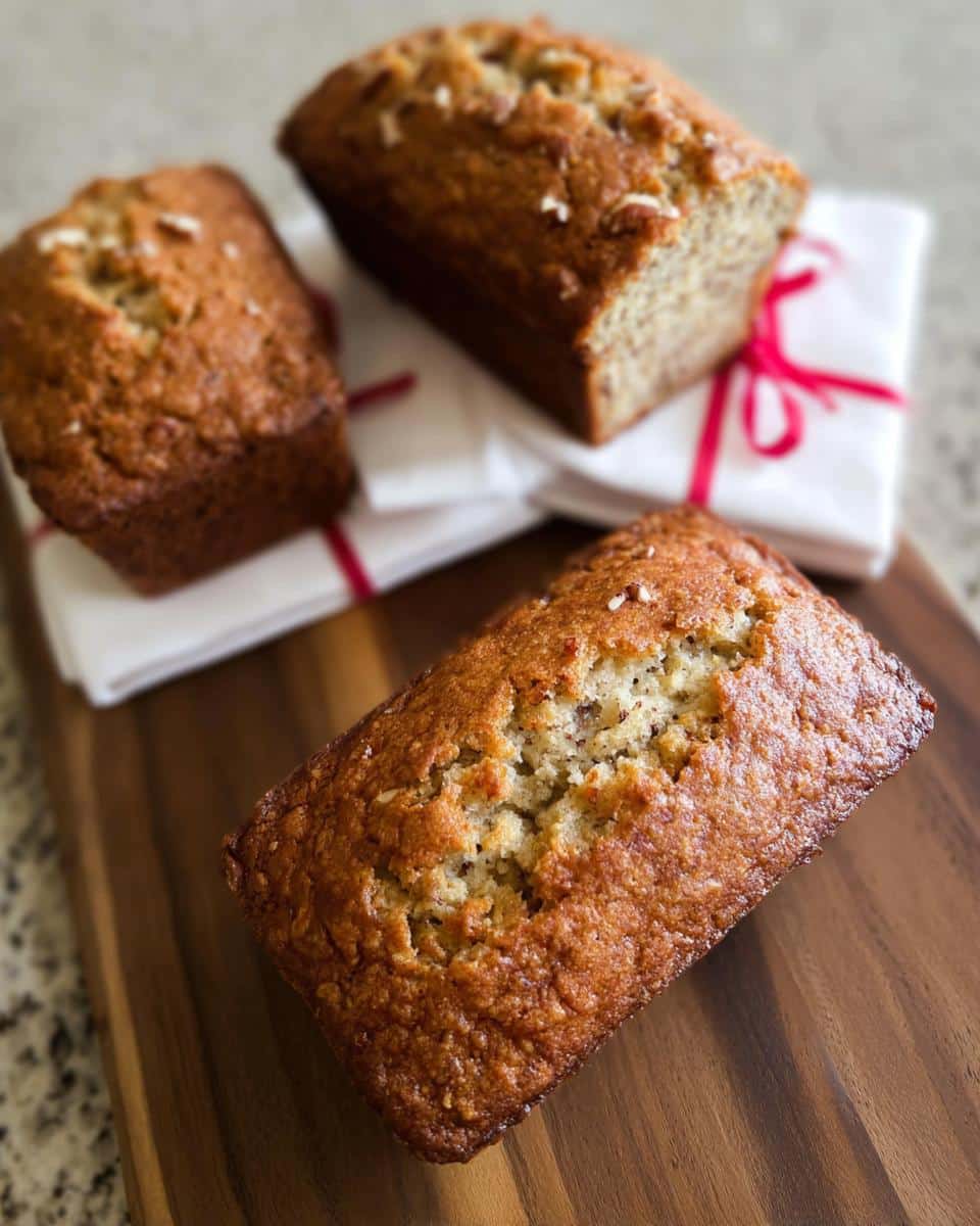 Three freshly baked Banana Bread Mini Loaves displayed on a wooden cutting board, one wrapped in a napkin with a red ribbon.
