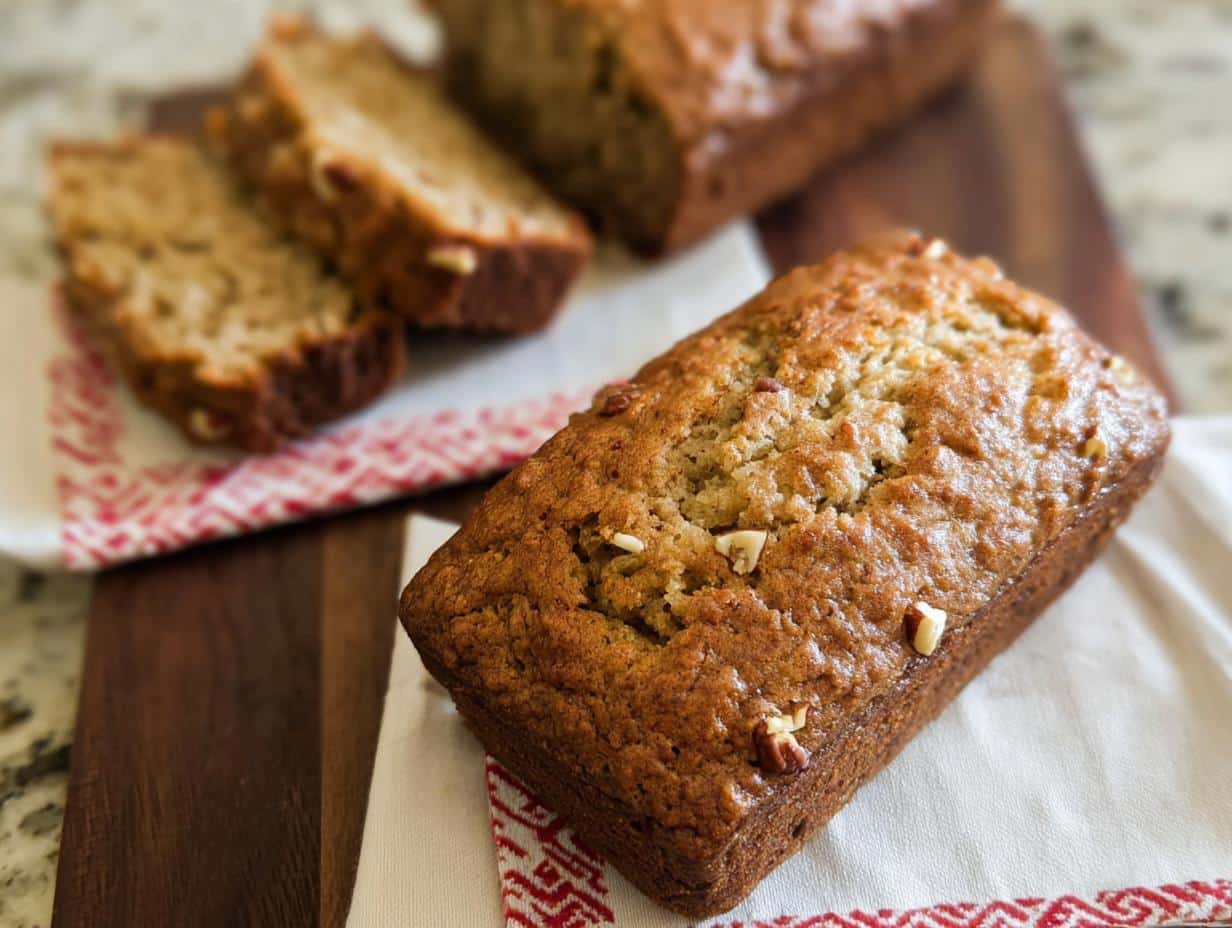 A close-up of a golden-brown Banana Bread Mini Loaves topped with pecans, with sliced loaves blurred in the background.