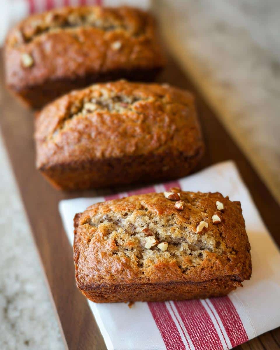 Three golden brown Banana Bread Mini Loaves lined up on a wooden board, one resting on a striped napkin.