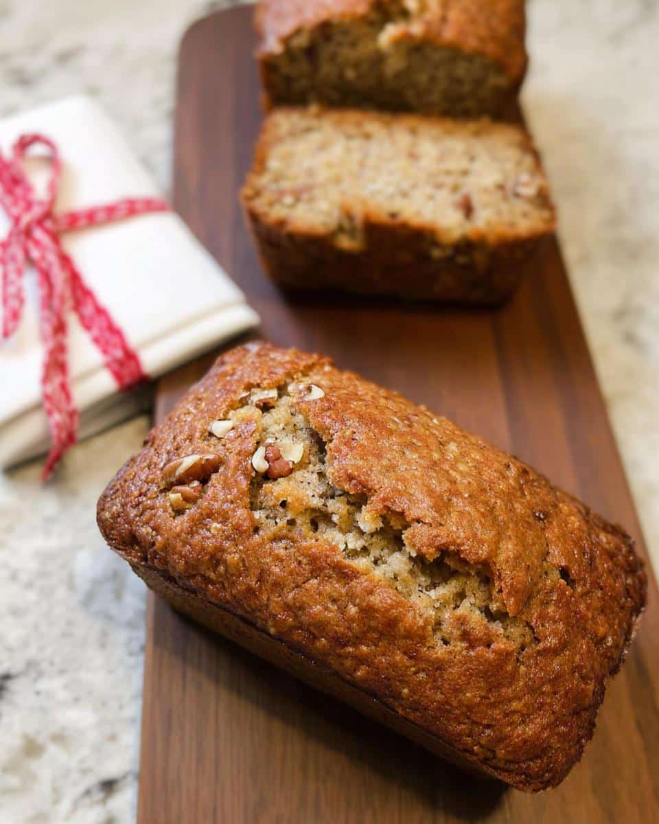 Close-up of a freshly baked Banana Bread Mini Loaves topped with pecans on a wooden board.