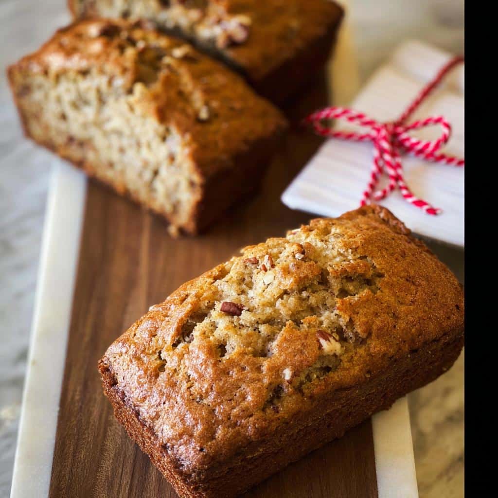 Close-up of freshly baked Banana Bread Mini Loaves, one in the foreground topped with pecans, resting on a wooden board.