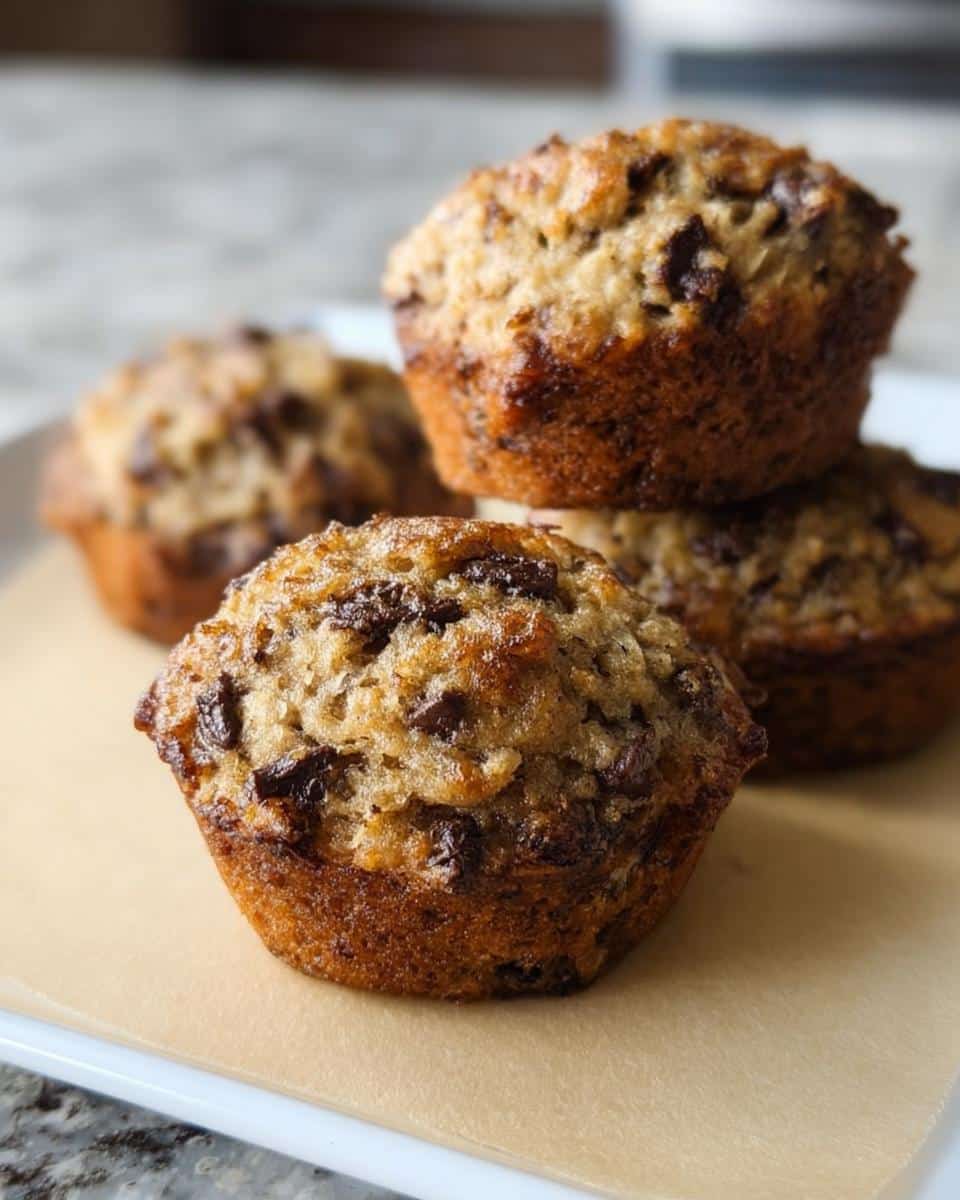A close-up of freshly baked Banana Bread Muffin Tops studded with dark chocolate chips.
