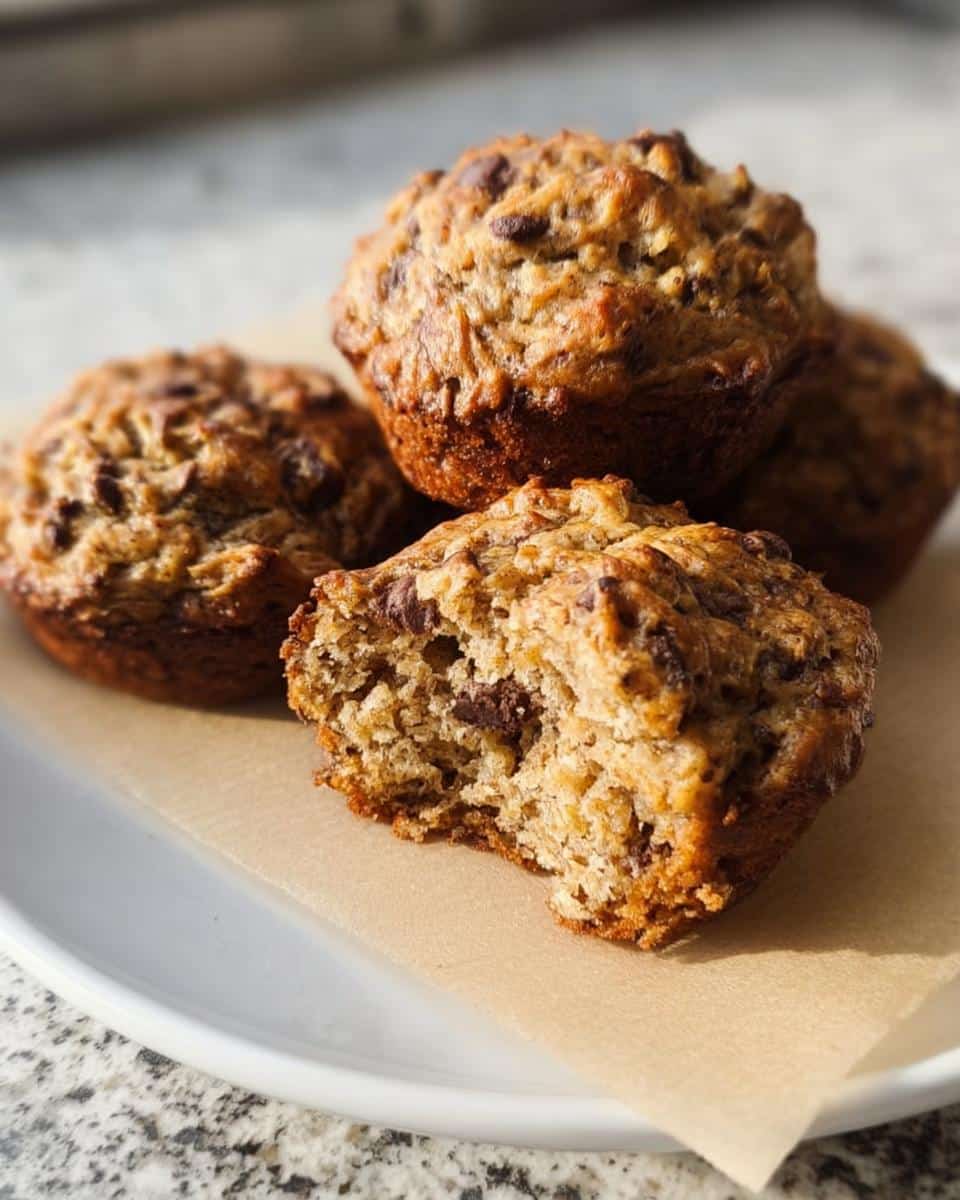 Close-up of several delicious Banana Bread Muffin Tops with chocolate chips, one bitten into, resting on parchment paper.