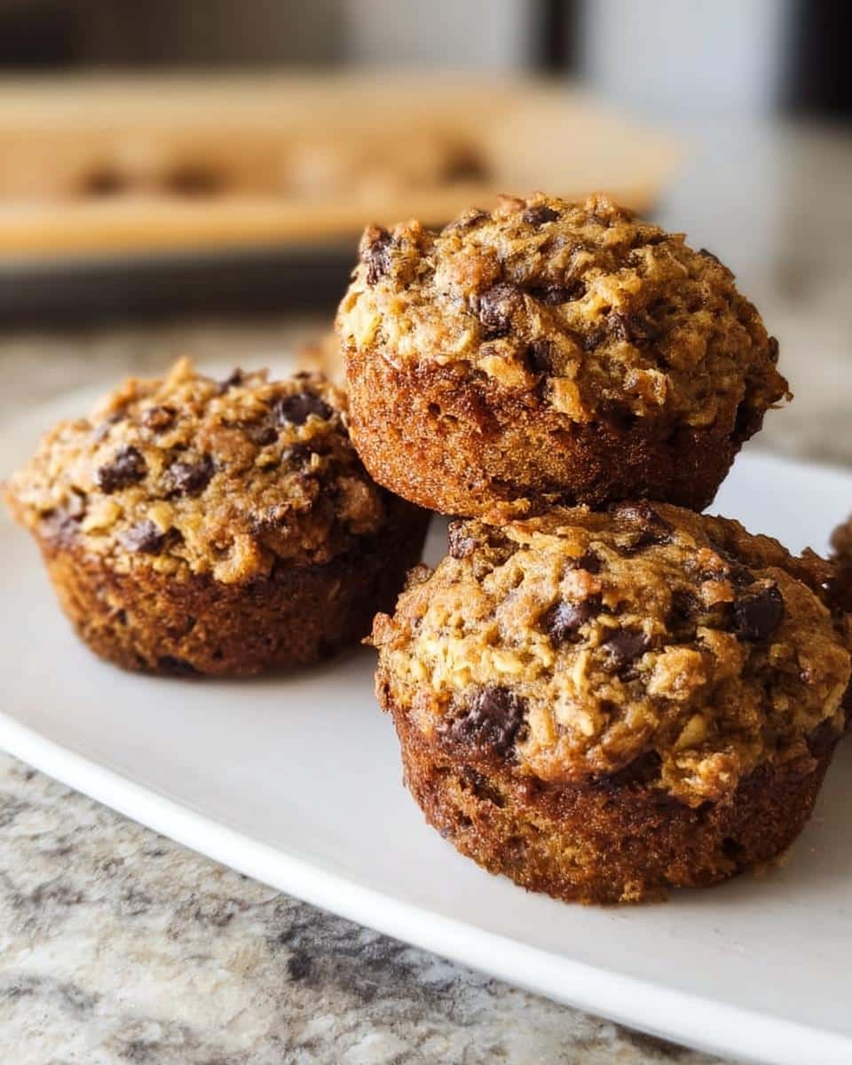 Three golden-brown Banana Bread Muffin Tops stacked on a white plate, featuring chocolate chips and an oat crumble topping.
