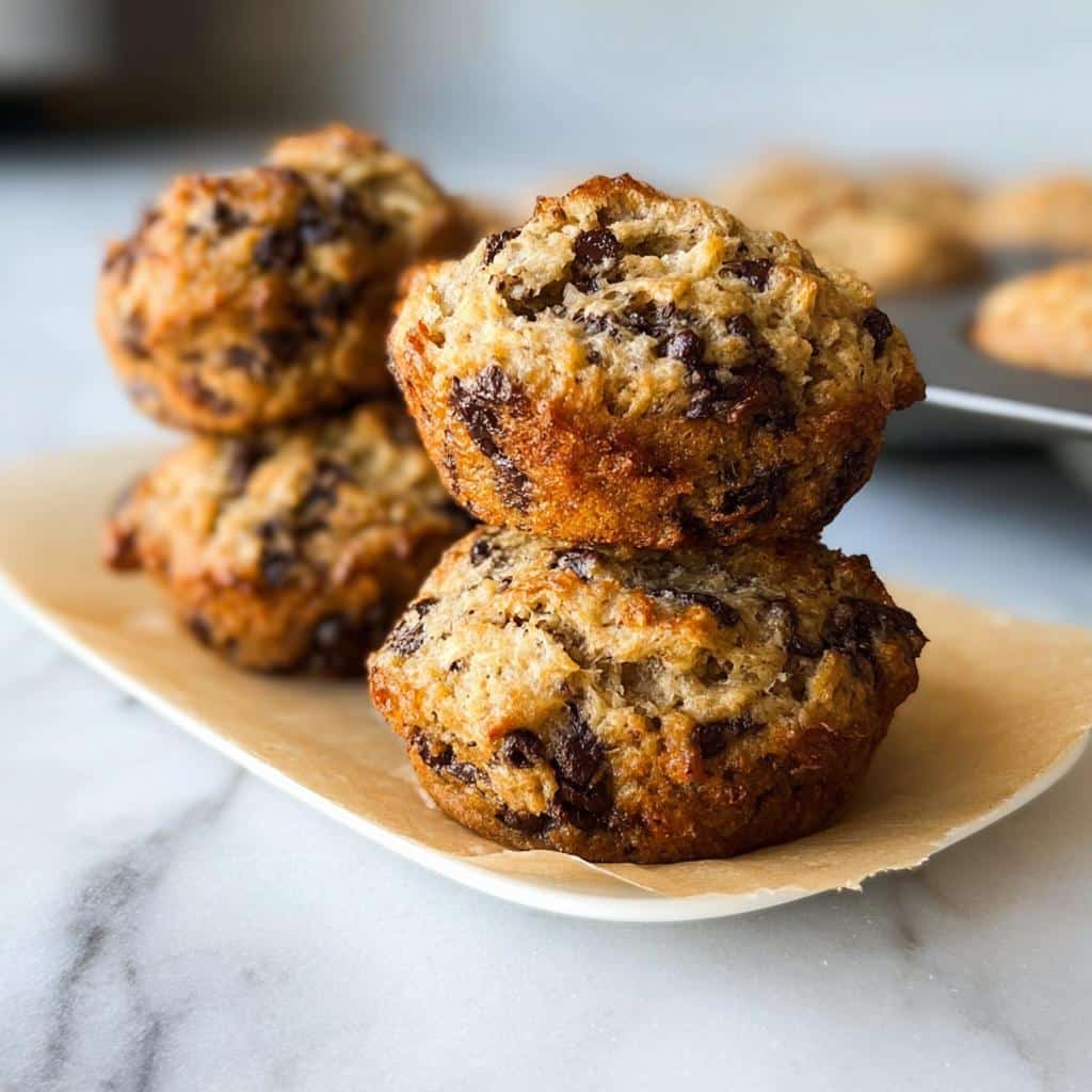 A stack of three golden brown Banana Bread Muffin Tops loaded with chocolate chips on a small white plate.