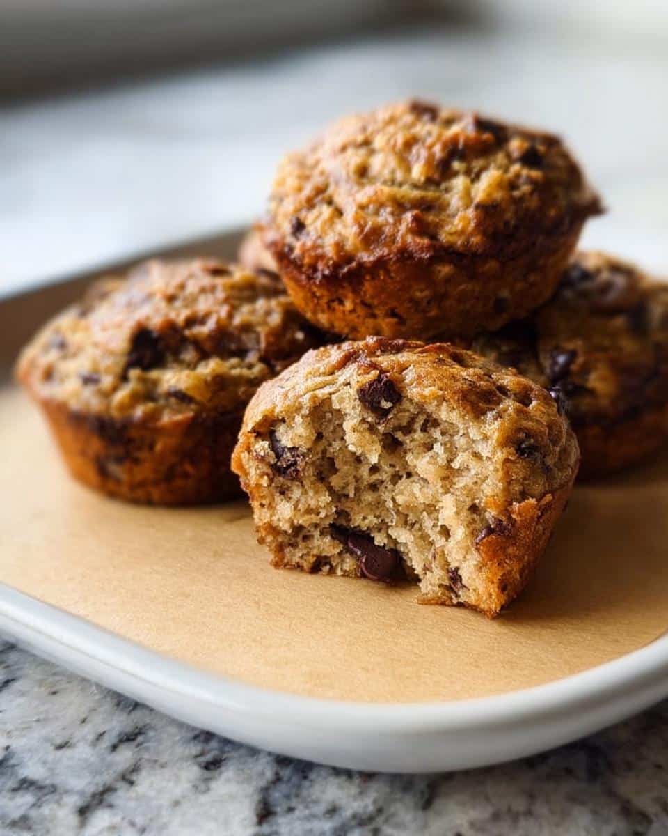 Close-up of several moist Banana Bread Muffin Tops, one bitten open to show chocolate chips inside.