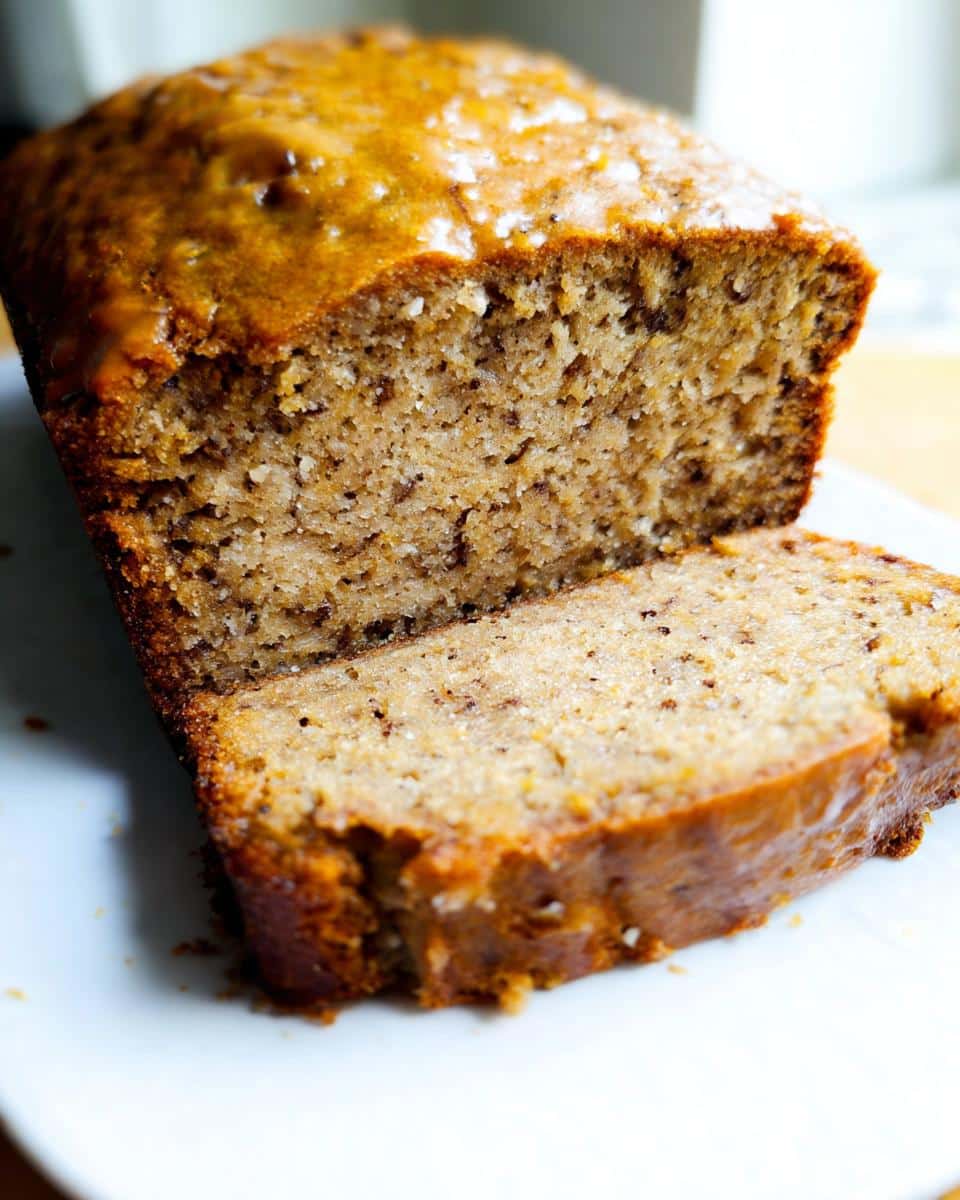 Close-up of a freshly baked loaf of Banana Bread No Sugar Added, with one slice cut and resting against the main loaf.