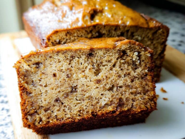 Close-up of a moist slice of Banana Bread No Sugar Added showing its tender crumb and dark crust.