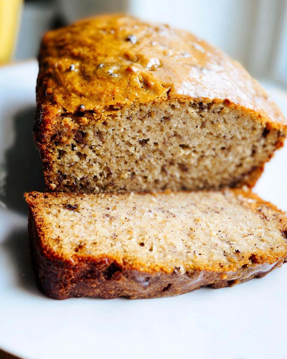 Close-up of a moist Banana Bread No Sugar Added loaf, with one thick slice cut and resting against the main loaf.