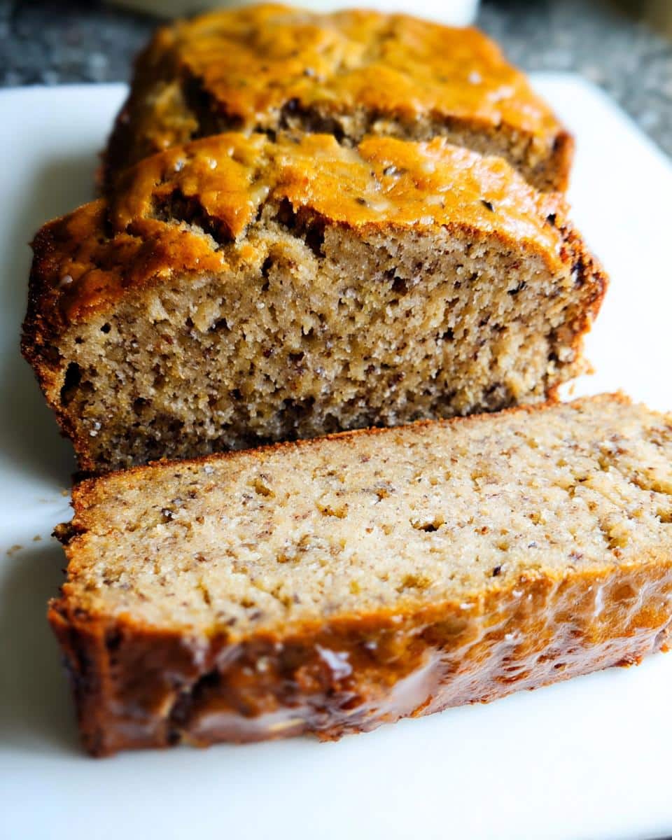 Close-up of moist, sliced Banana Bread No Sugar Added with a golden-brown crust.