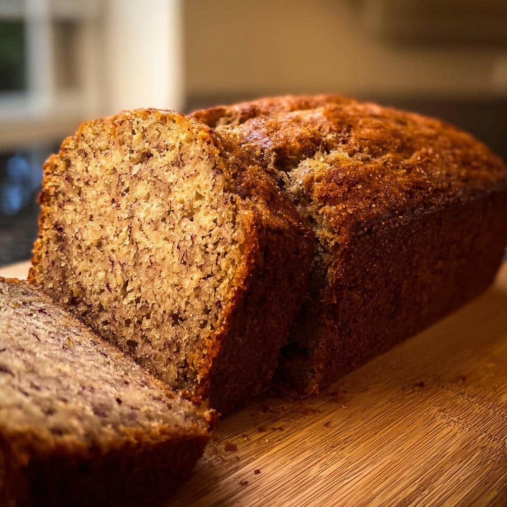 A freshly baked loaf of Banana Bread Olive Oil, sliced to show the moist, speckled interior, resting on a wooden cutting board.