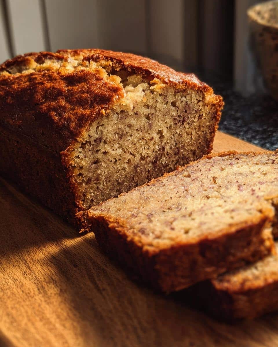 A close-up of a moist Banana Bread Olive Oil loaf, partially sliced on a wooden board, showing a golden crust.
