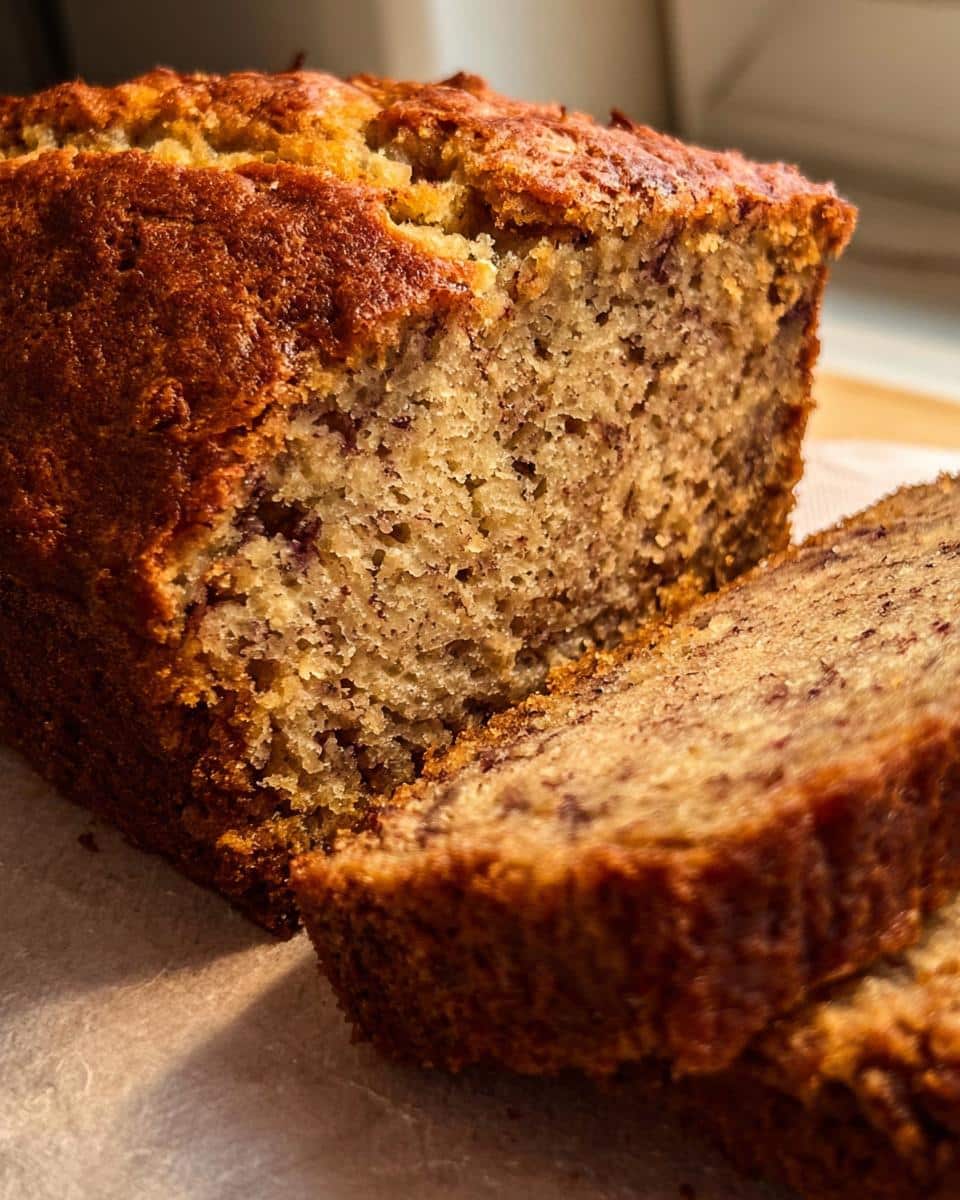 Close-up of a moist Banana Bread Olive Oil loaf, showing the rich brown crust and soft, speckled interior with a slice cut.
