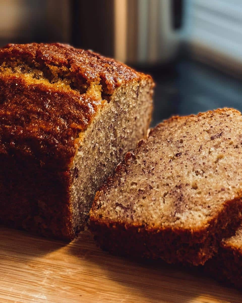 Close-up of a moist Banana Bread Olive Oil loaf, partially sliced on a wooden cutting board.