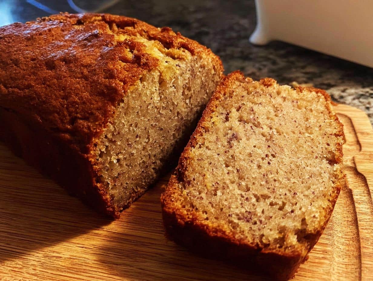 A freshly baked loaf of Banana Bread Olive Oil with one slice cut, showing the moist, speckled interior on a wooden board.