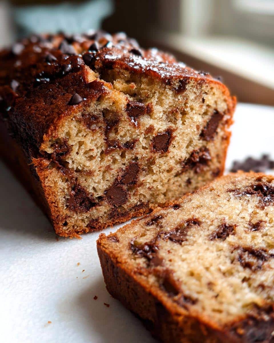 A close-up of a moist chocolate chip Banana Bread Protein loaf, with one slice cut and resting beside it.