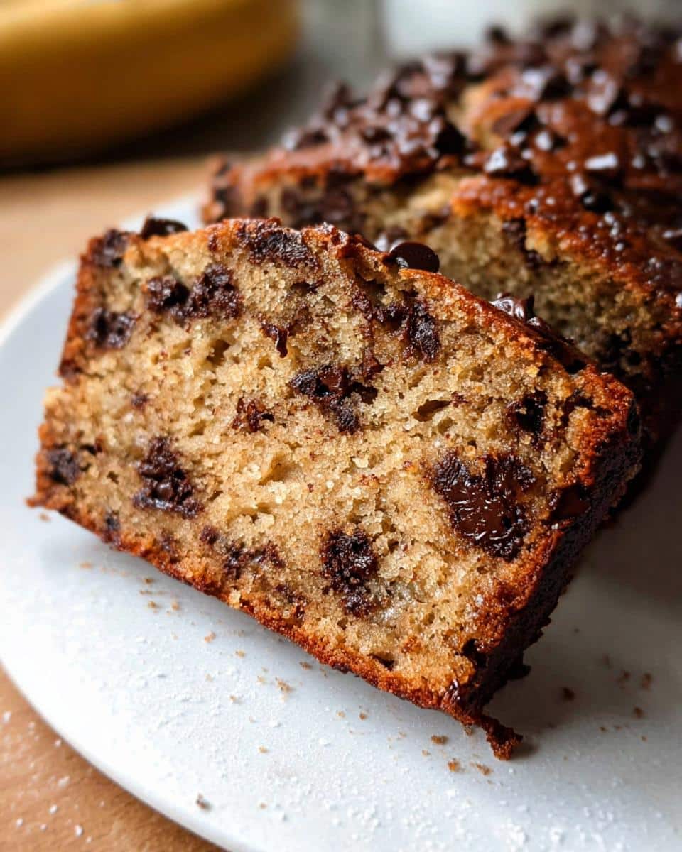 Close-up of a moist slice of Banana Bread Protein loaded with melted chocolate chips on a white plate.