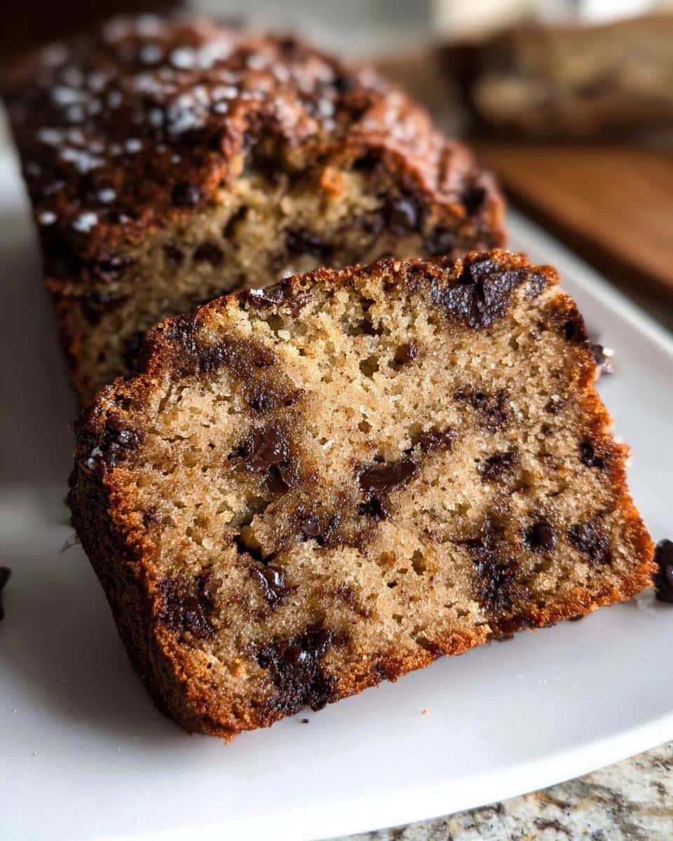 Close-up of a thick slice of chocolate chip Banana Bread Protein showing moist crumb and melted chocolate chunks.