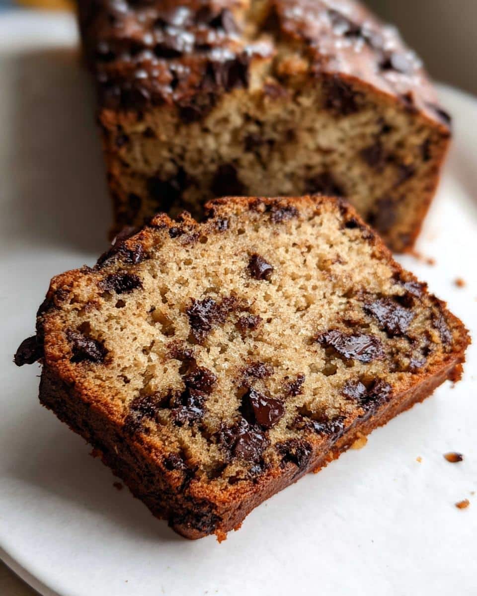 Close-up of a moist slice of chocolate chip Banana Bread Protein, showing melted chocolate chips throughout the crumb.