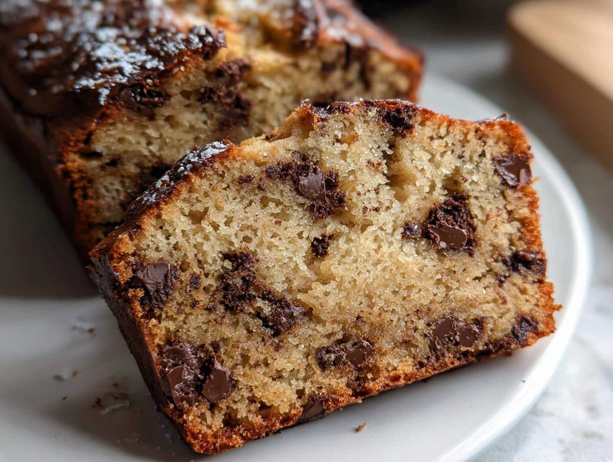 Close-up of a moist slice of chocolate chip Banana Bread Protein loaf, showing rich texture and melted chips.