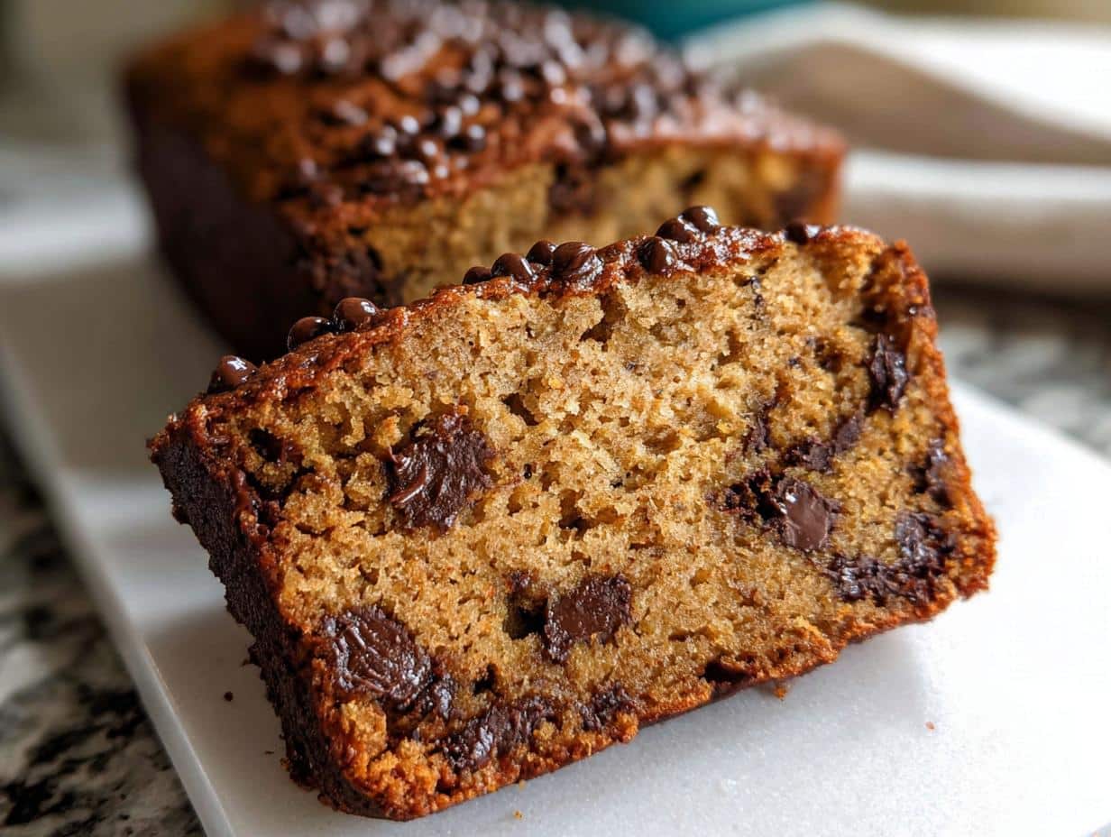 Close-up of a moist slice of Banana Bread Protein packed with melted chocolate chips.