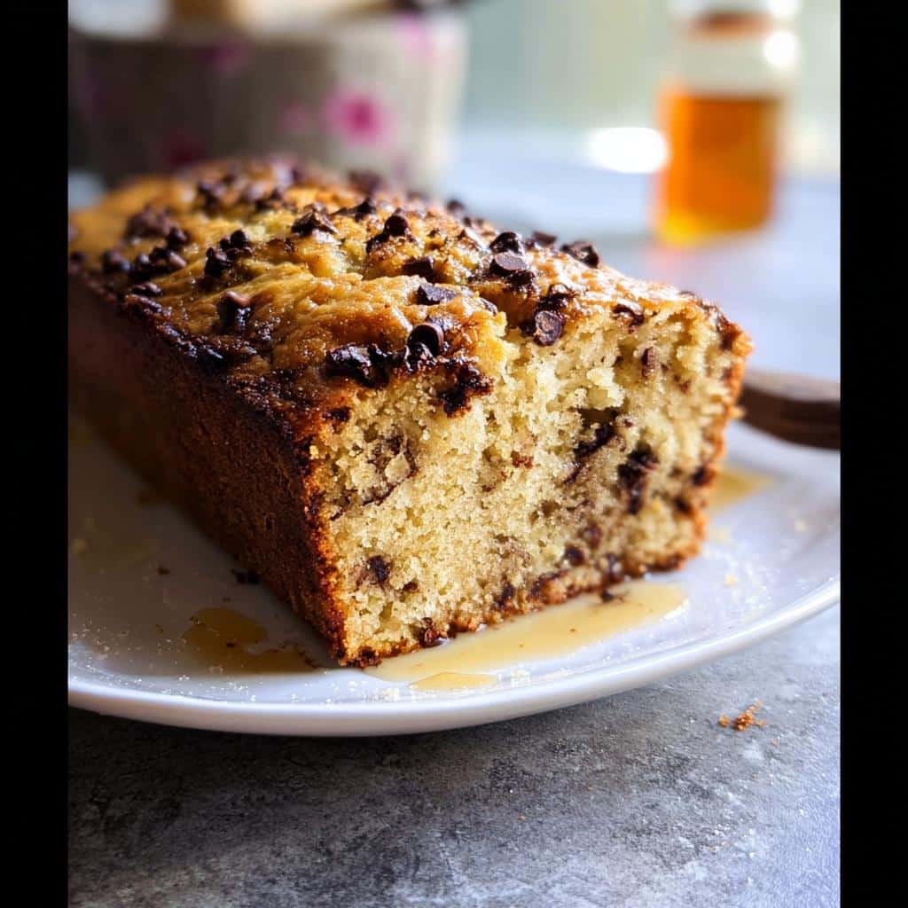 A close-up of a chocolate chip Banana Bread Ricotta loaf drizzled with syrup on a white plate.