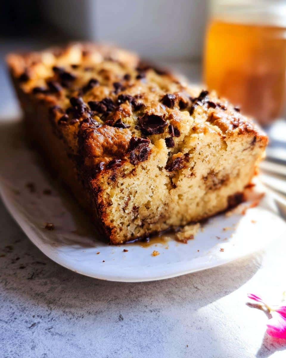 Close-up of a freshly baked Banana Bread Ricotta loaf topped with melted chocolate chips, sitting on a white plate.