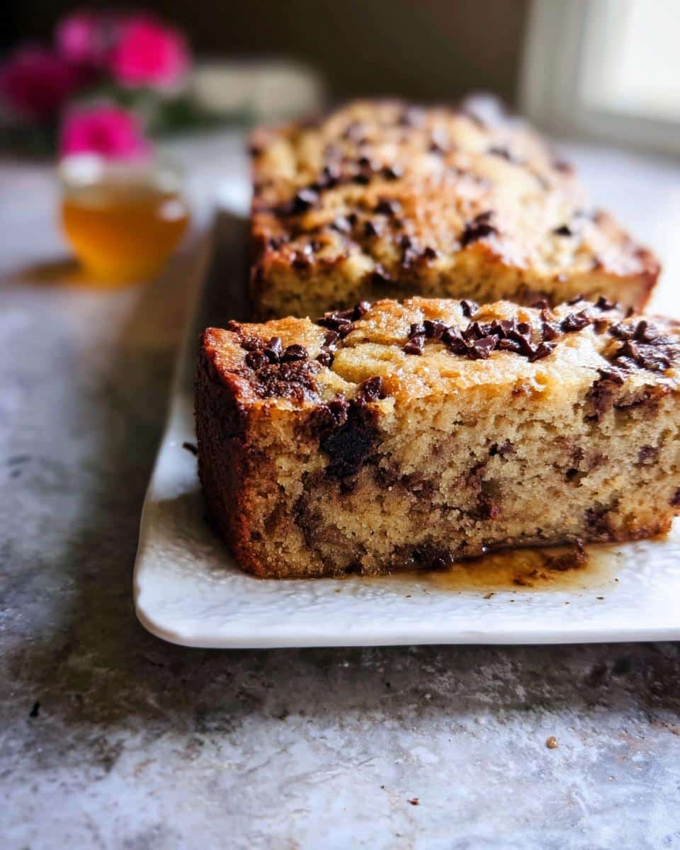 Close-up of a moist slice of Banana Bread Ricotta topped with chocolate chips, drizzled with syrup.