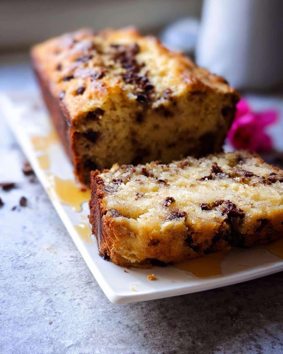 A close-up of a slice of moist Banana Bread Ricotta loaf studded with chocolate chips, drizzled with syrup.