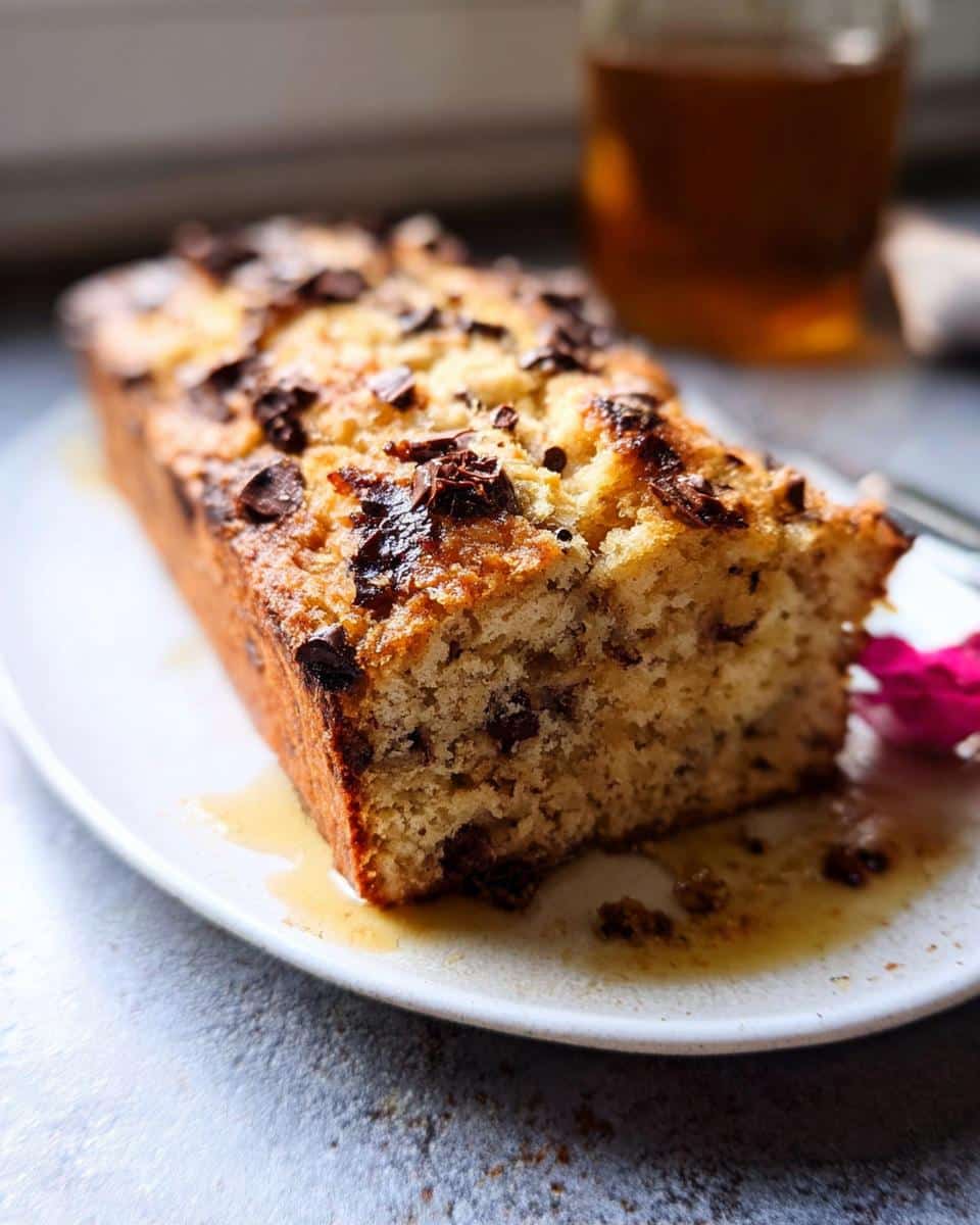 A close-up of a freshly baked Banana Bread Ricotta loaf topped with chocolate chips, sitting on a white plate with syrup.