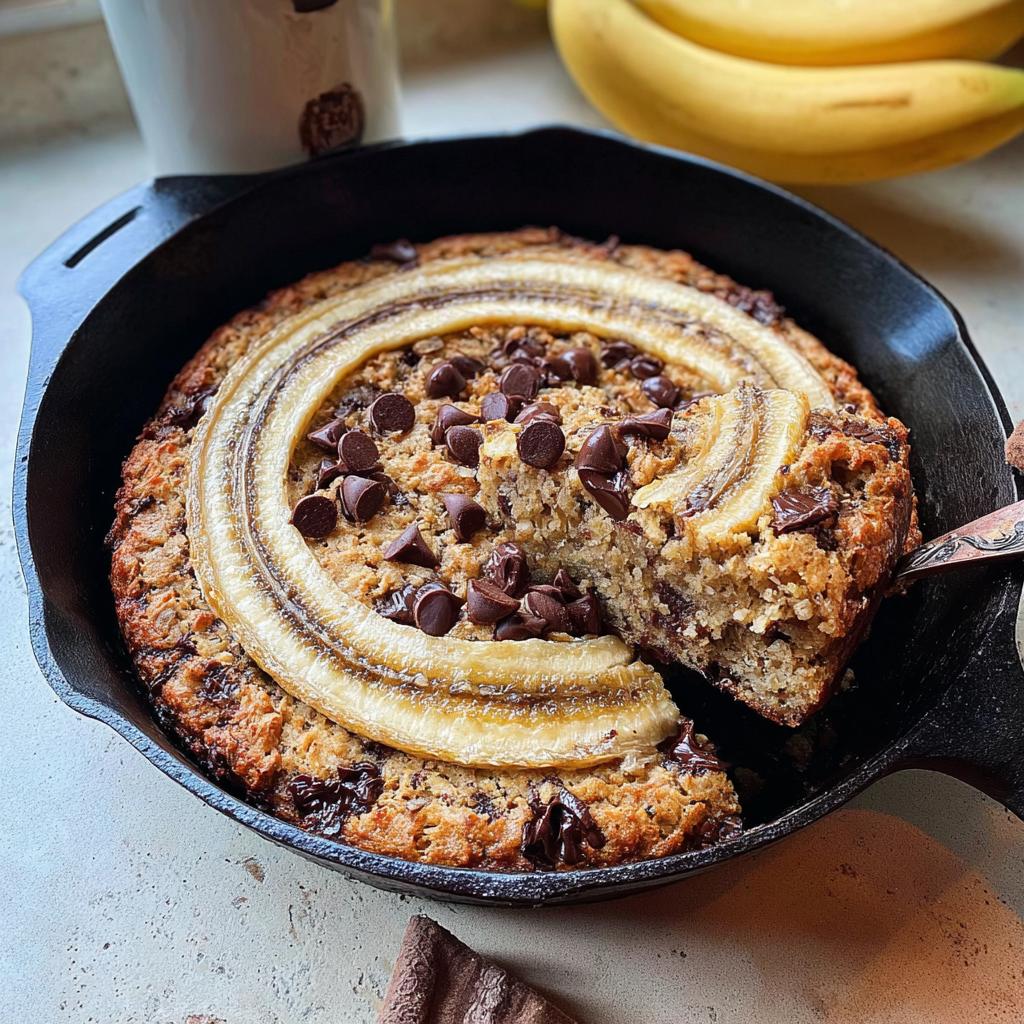 A freshly baked Banana Bread Skillet topped with chocolate chips and a decorative sliced banana ring.